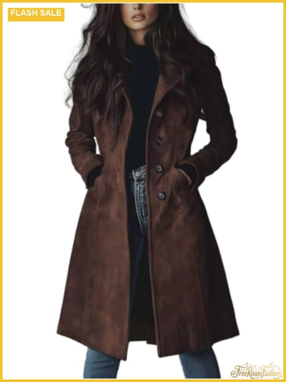 Women's Faux Suede Trench Coat Long Sleeve Slim Fit Notched Lapel